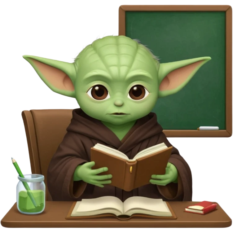 Baby Yoda con su tunica chocolate leyendo en un cuaderno sobre un escritorio en un aula de clases emoji