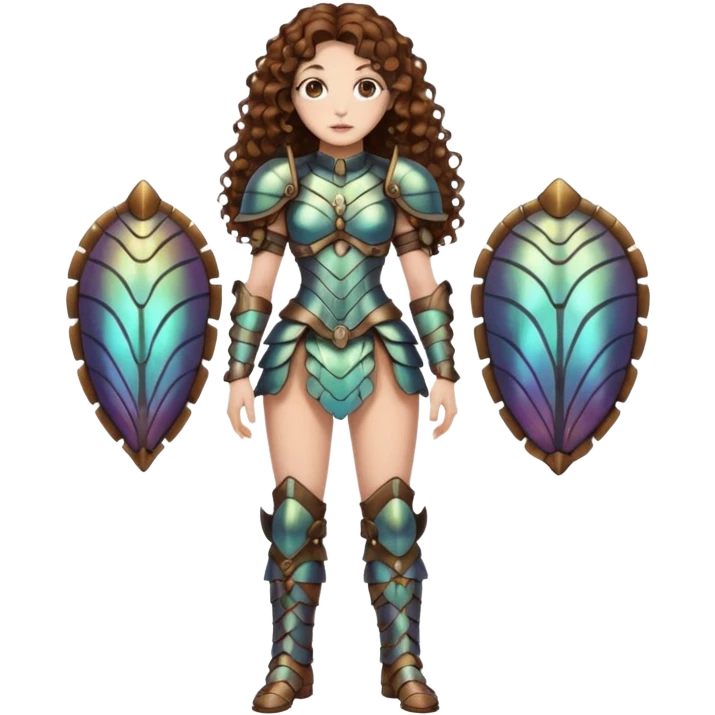 full body woman long curly brown hair brown eyes white skin tattoos beetle shell armor couture, iridescent plates, confident stance emoji