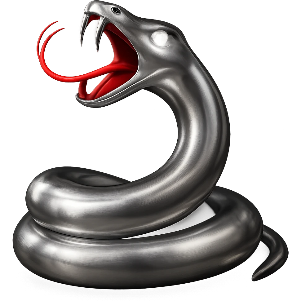 Add glowing white eyes and a glowing red tongue to the chrome snake, maintaining the shiny metallic look and the same pose. emoji