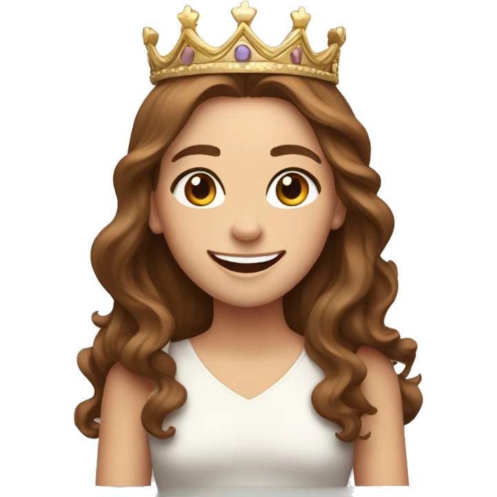 a white girl with brown wavy long hair, brown eyes and big smile wearing a crown emoji