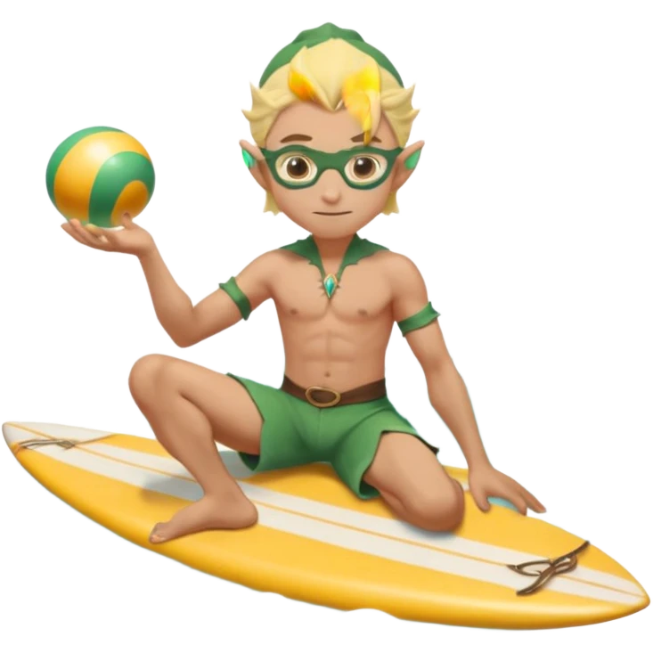 elf male legolas sitting on surfboard (ashore), hands manipulating two orbs of swirling seawater giving a "massage" to his own shoulders, wearing relaxed linen shorts over swimwear, tinted elven sunglasses, pointy ears, content expression, centered emoji emoji