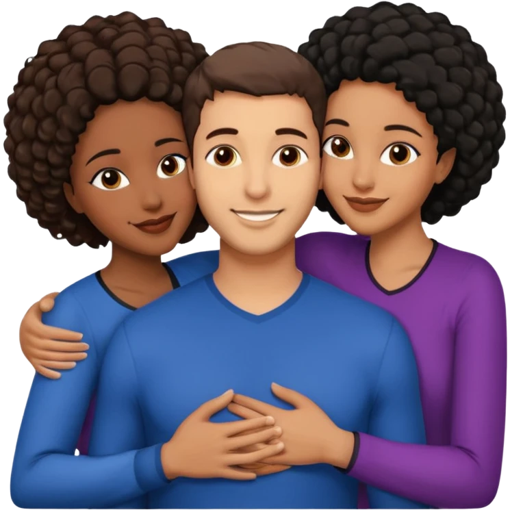  middle Eastern man with short brown hairwith two black african women both are African one is medium tone skin black and one is medium tone black with african hair styles. and they are all smiling and putting their arms around each other and kissing and hugging. emoji