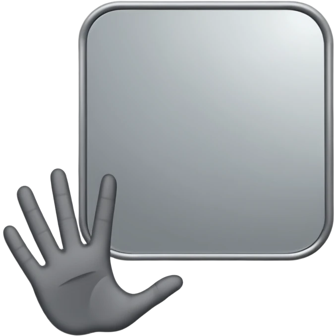 Minimalist emoji-style sticker of a mirror with a shadowy hand reaching out from within. Black and gray, flat icon, square format.

 emoji