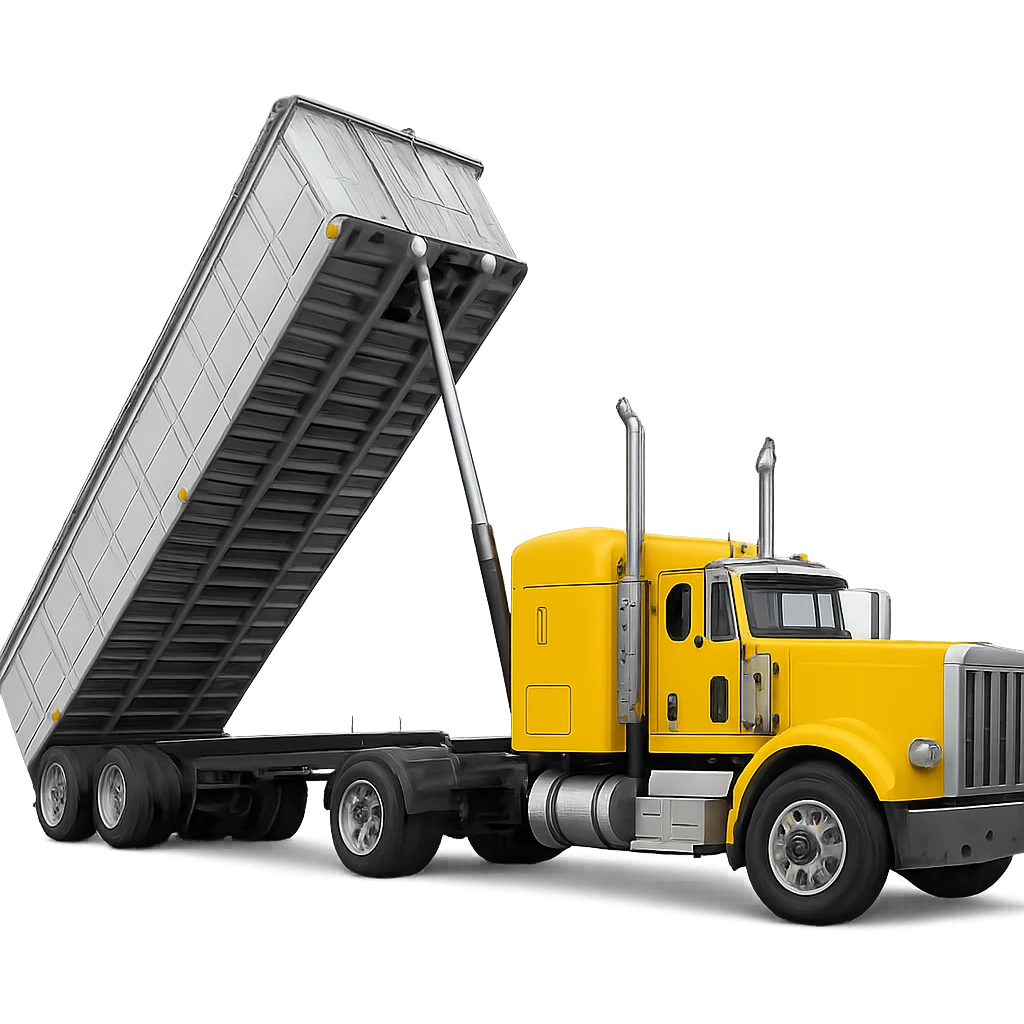 long silver end dump trailer hooked to yellow semi sleeper truck, trailer in dump position, clear and bold, no background emoji