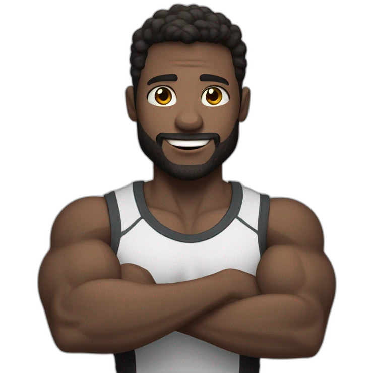 Close up Actively gesturing  with hands Pale skinned Fit Man With the biceps and brown hair in dark gray Sleeveless Mike, black oversize sports shorts, watch and white Sneakers emoji