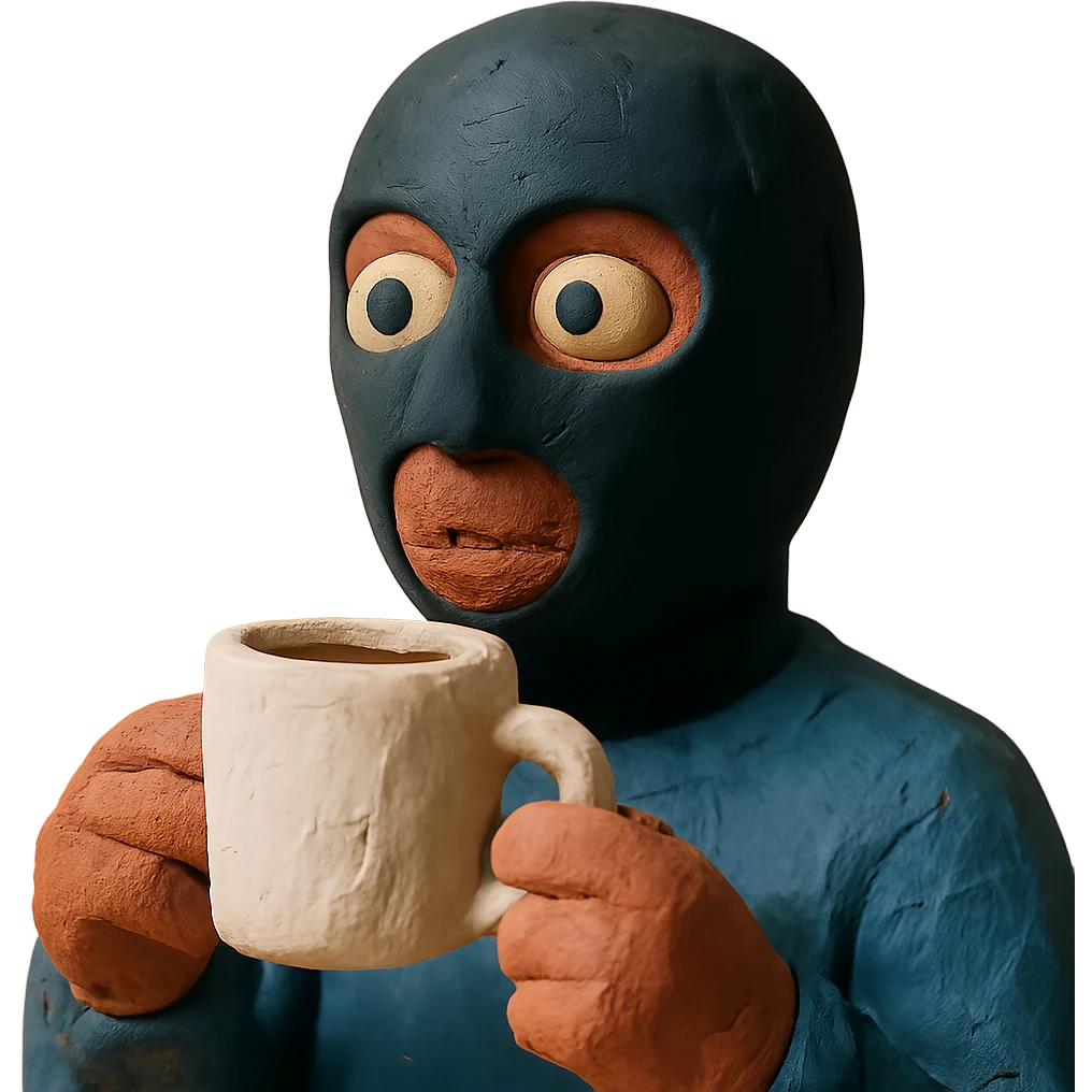 claymation style man's face with a black full mask drinking coffee emoji
