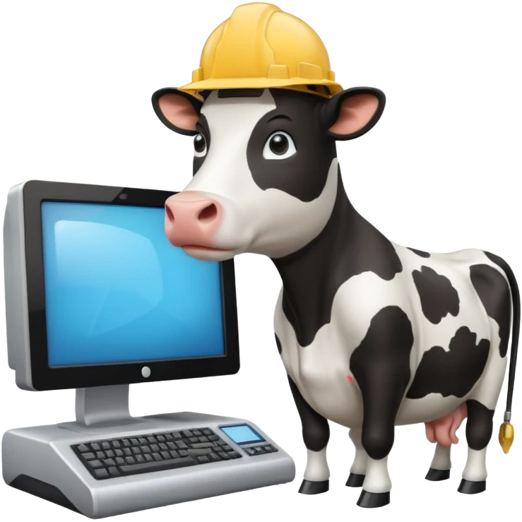 cow with a hard hat looking at several mainframe computers emoji