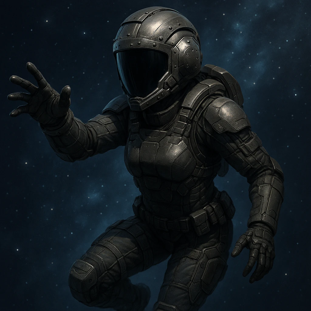 female space warrior in a strengthened helmet with a black visor, tactical armor, floating in zero gravity, reaching forward, EVA operation, sci-fi style emoji