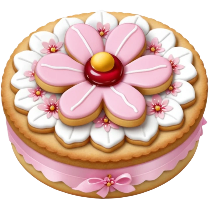 Realistic shortbread cookie in the shape of a cherry blossom with pale pink color jelly middle filling and sprinkled powder sugar on top. emoji