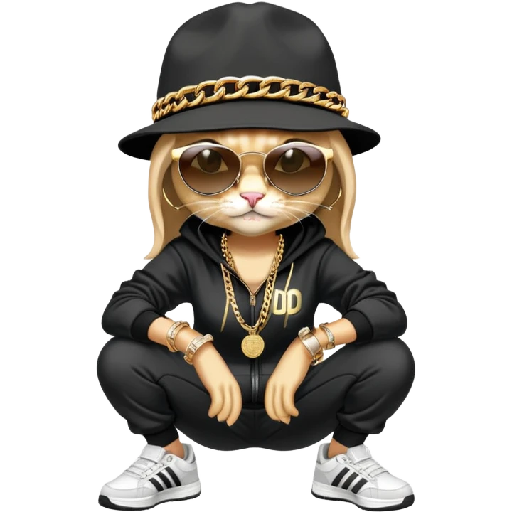 female cat wearing Run DMC hip-hop outfit with tracksuit, fedora, Adidas sneakers, dark sunglasses, many gold chains, rings, bracelets, flashy earrings, fallen down emoji