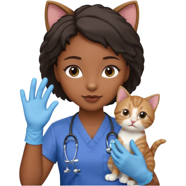 Young black female vet – scrubs, gloves, examining kitten. emoji