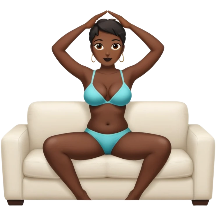 fullbody realistic busty black topless buxom in undies sitting on couch in comfy missionary pose holding her legs up with hands sfw emoji