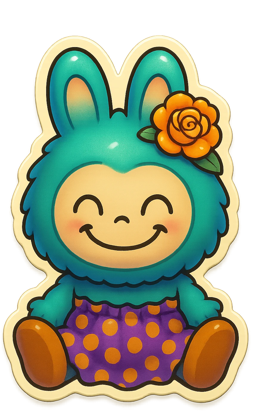 Change the teal bunny character's face to a happy, wide smile with closed eyes, keeping the same retro stickers style. emoji