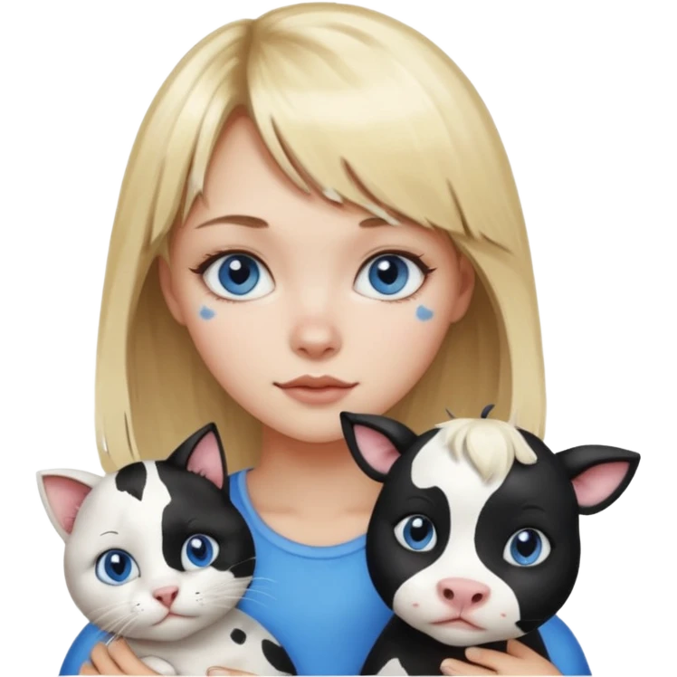 Cute cat black and white stain like a cow in the arms of a blond girl with bangs and blue eyes emoji
