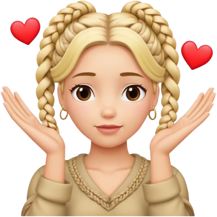 Blond woman with braids with her hands together in a thank you gesture and thinking hearts  emoji