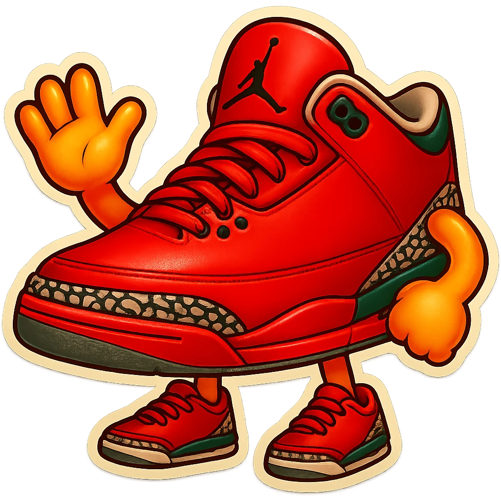 Add yellow cartoon arms and legs in the same style as the green Air Jordan 3 emoji character to the red Air Jordan 3 emoji character. Keep the University Red, Black, and Cement Grey colors consistent with the original style. emoji