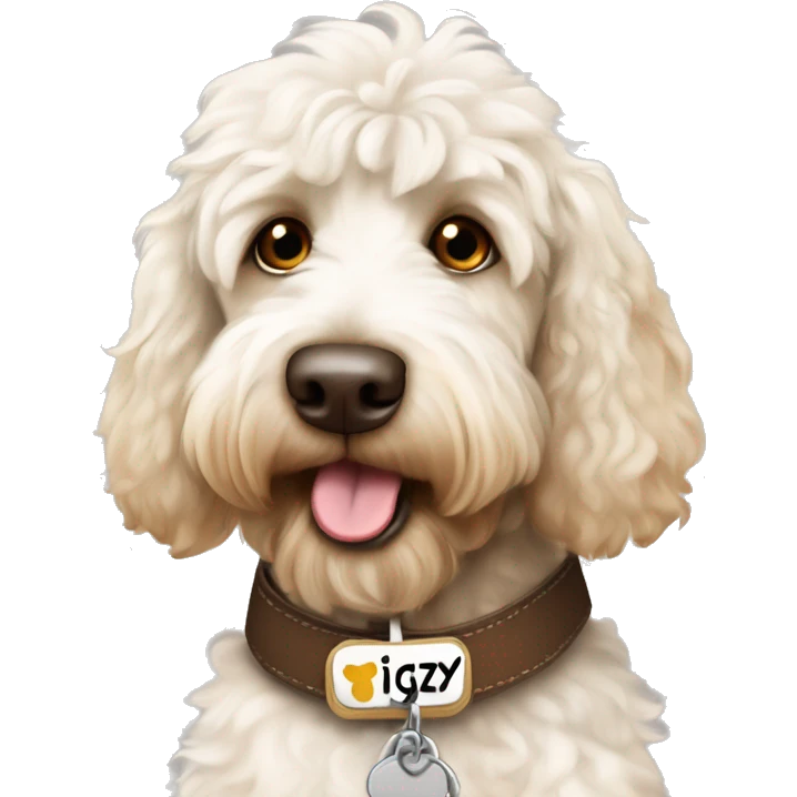 White and brown patched labradoodle dog with collar on and name tag with the name ziggy emoji