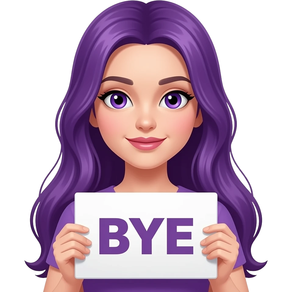 sexy girl with long purple hair and purple eyes holding a BYE sign emoji