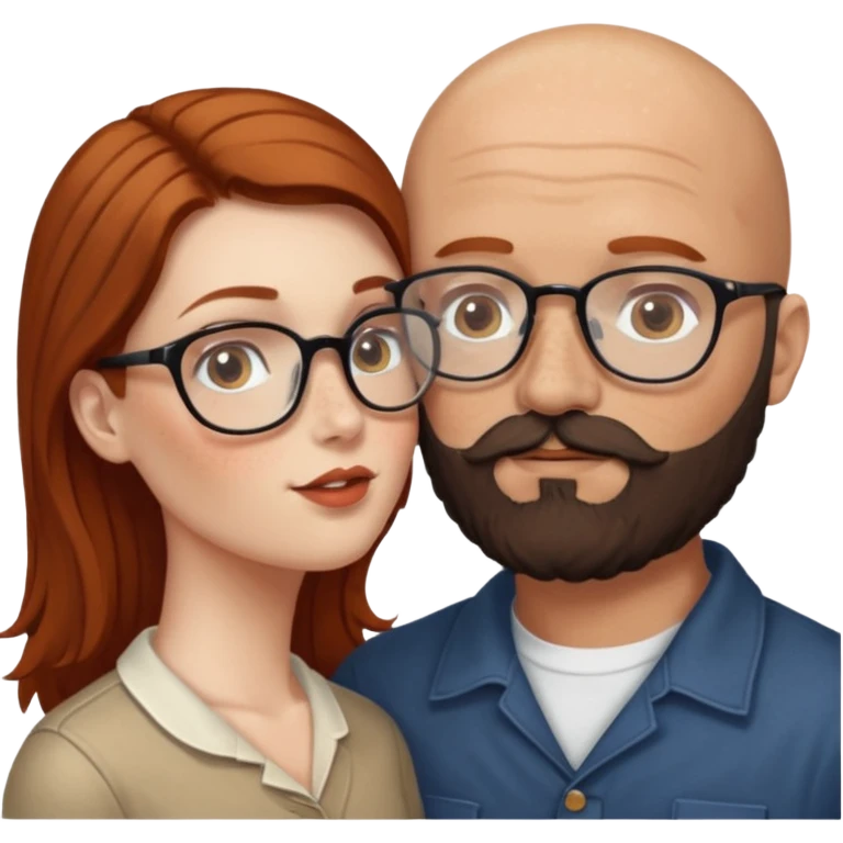 Couple. Bald man with dark brown-black beard. White woman with many small, faded freckles, she has white skin and she has auburn-brown-cinnamon, dark long hair. She has light brown eyes. The man have hazel eyes and glass. She have light eyes. Retro style. She kisses him. emoji