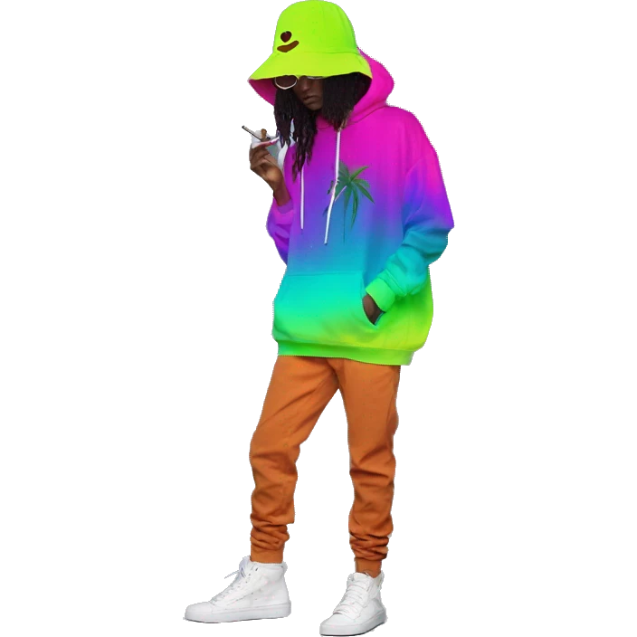 Hemp leaves Multicoloured neon person smoking wearing hoodie dancing hip hop bucket hat tropical Skater fashion aesthetic baggy clothes graphic t shirt 420 emoji