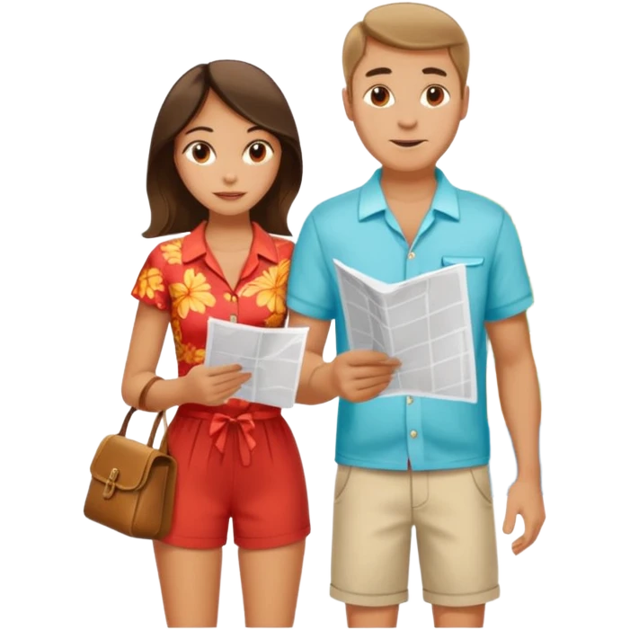 Russian man and elegant Spanish girl in vacation outfits with a map planning  emoji