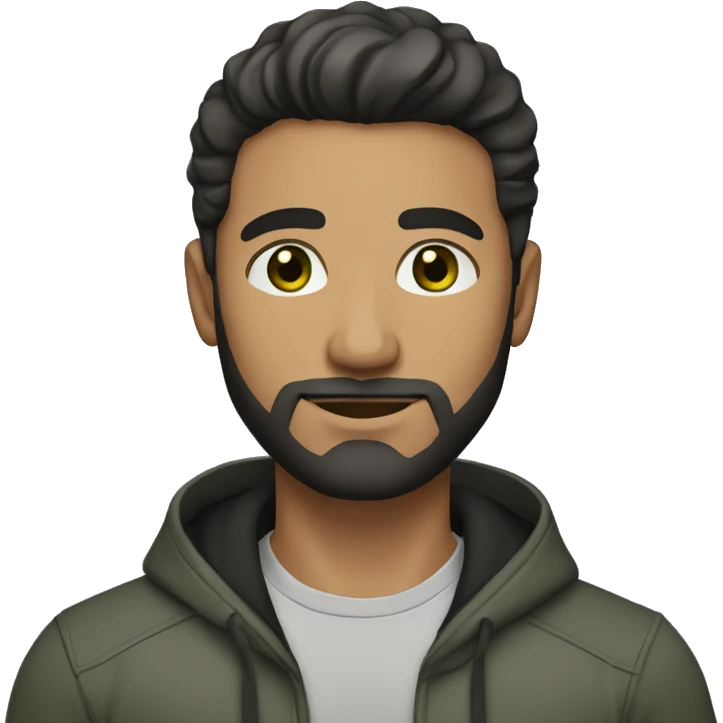 a light brown-skinned man with short, thick straight hair that is mostly black with a little gray, green eyes and a black beard emoji