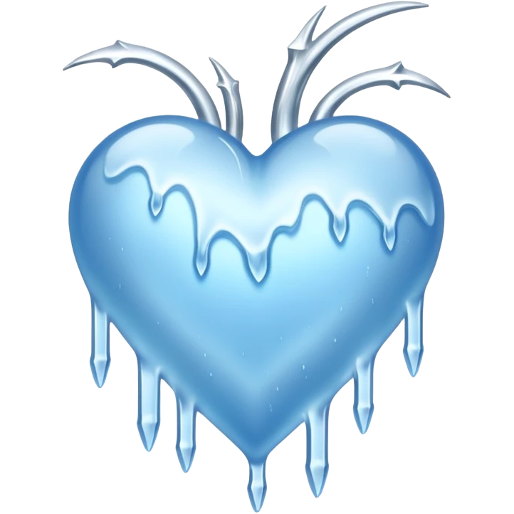 An ice blue heart with frost spidering across it and icicles dripping from it emoji