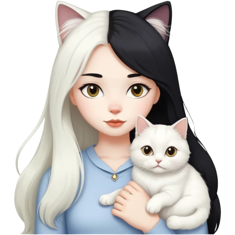 black hair girl with white British Longhair cat emoji