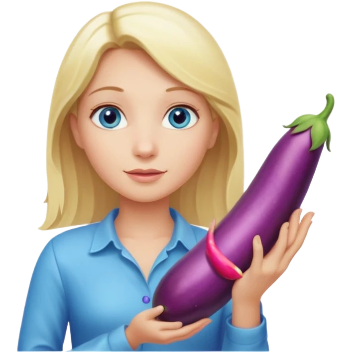 Blonde long hair girl, blue eyes, holding a long eggplant with both hands emoji