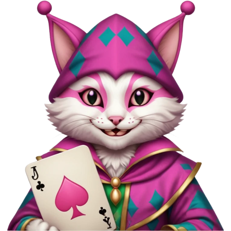 court jester cat medieval, single poker card joker clearly visible, pink, face only emoji