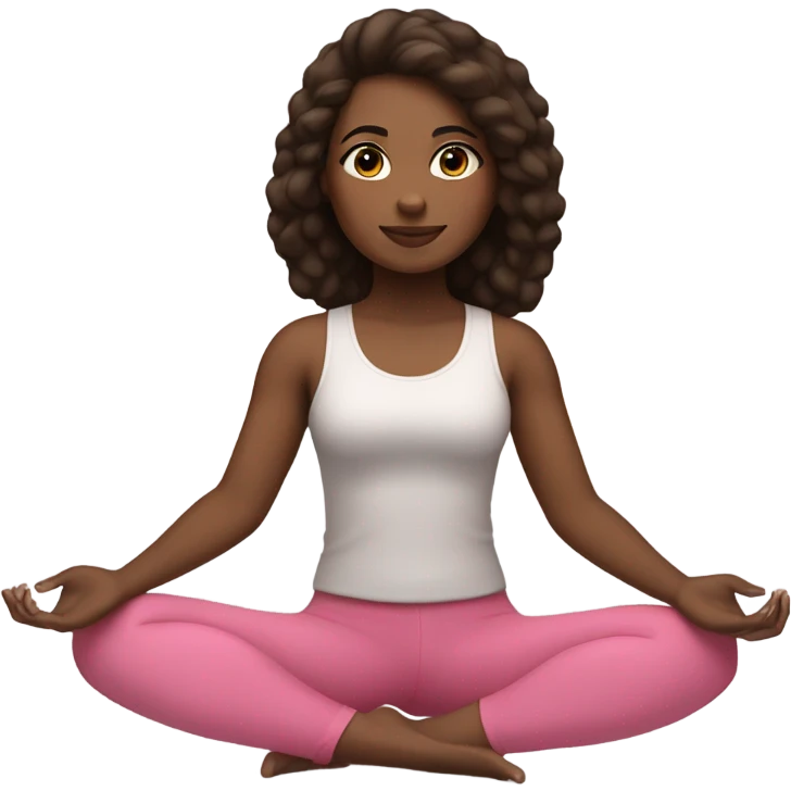 A girl sitting doing yoga, with a brown skin tone, wearing a workout top and pink leggings, with straight dark brown hair. emoji