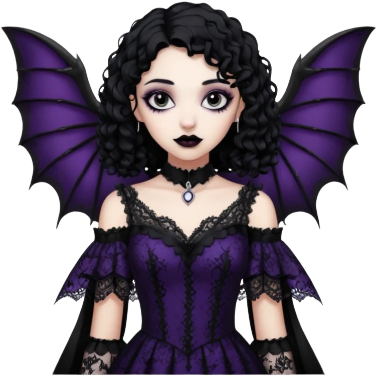 A girl with a goth vampire look in a goth lace batwings shaped sleeves dress black curly hair  emoji