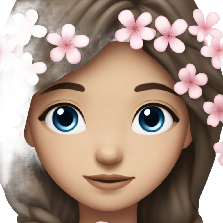 Wedding hair long with sakura bloom beautiful finished brunette girl with blue eyes  emoji