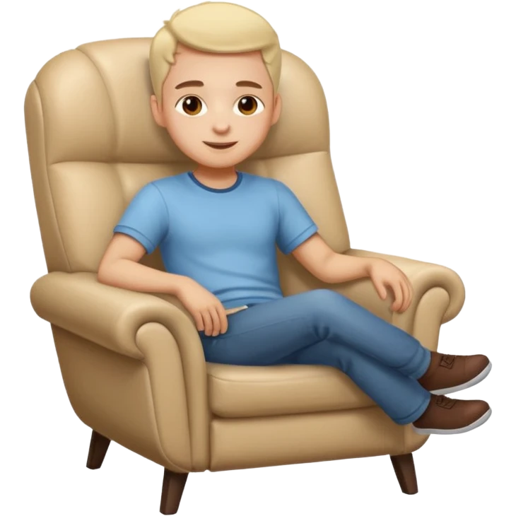 Emoji-style person relaxing on leaning chair, happy and content, rounded features, soft shading, emoji