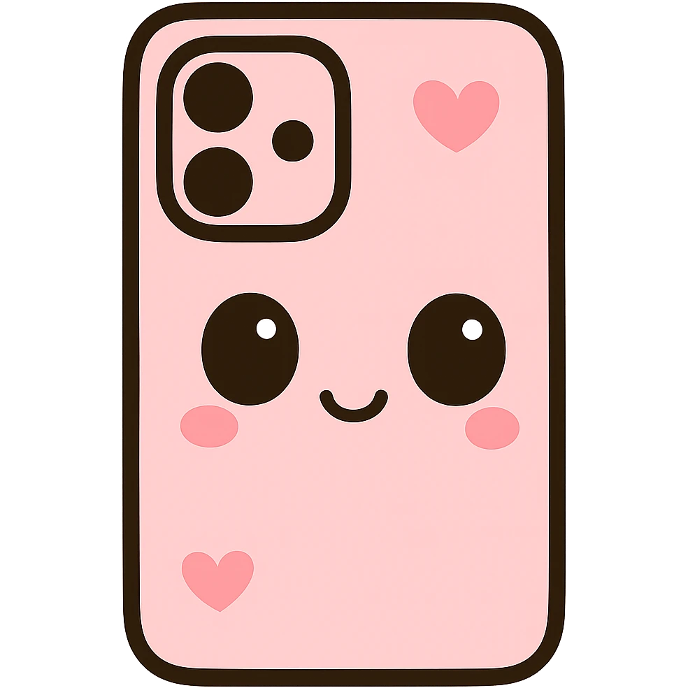 Remove any purse or purse-matching elements. Focus only on a pink and black gothic phone case in kawaii style with big eyes, heart accents, smiling, playful. No purse references. No background. emoji