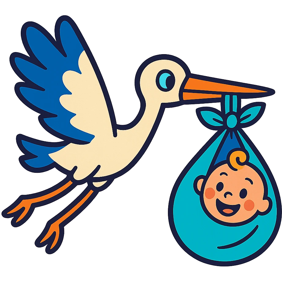 stork flying with a human baby in a bundle, vibrant toon style emoji
