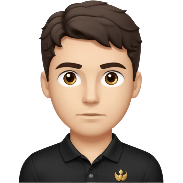 He’s a man with light to medium skin, a defined oval face, full brows, deep-set eyes, and wavy short dark brown tall hair styled with height, sides are trimmed. muscular. expression calm and focused relaxed black polo shirt. polished, articulate, and coach vibe. personal development.  emoji