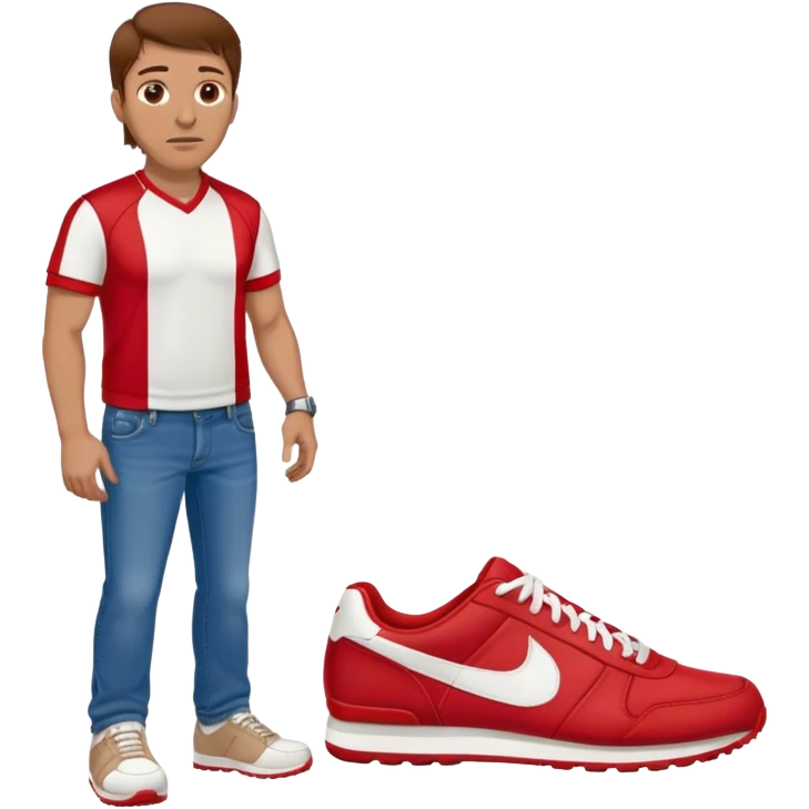 Football coach wearing red and white sneakers with jeans and brown hair emoji