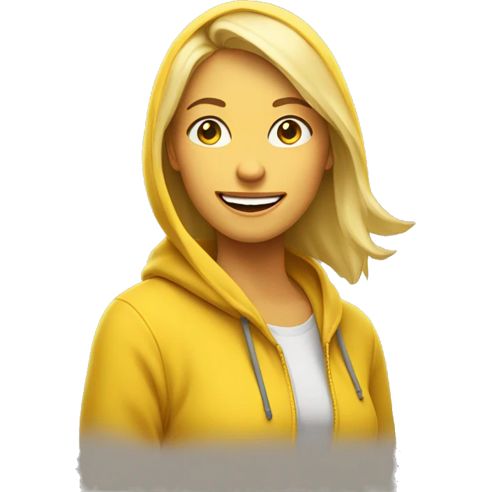 A 30-year-old blonde woman in a yellow hoodie smiles and shows emoji a ‘Face with Diagonal Mouth’  emoji