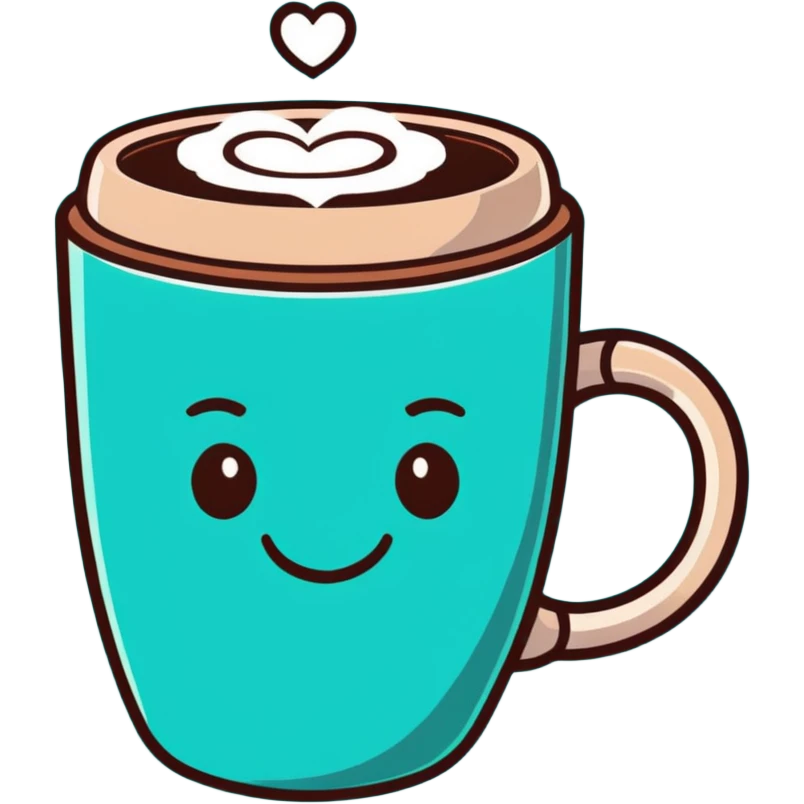 smiling hot coffee cup with heart-shaped steam, mocha brown tones, kawaii soft hand-drawn emoji