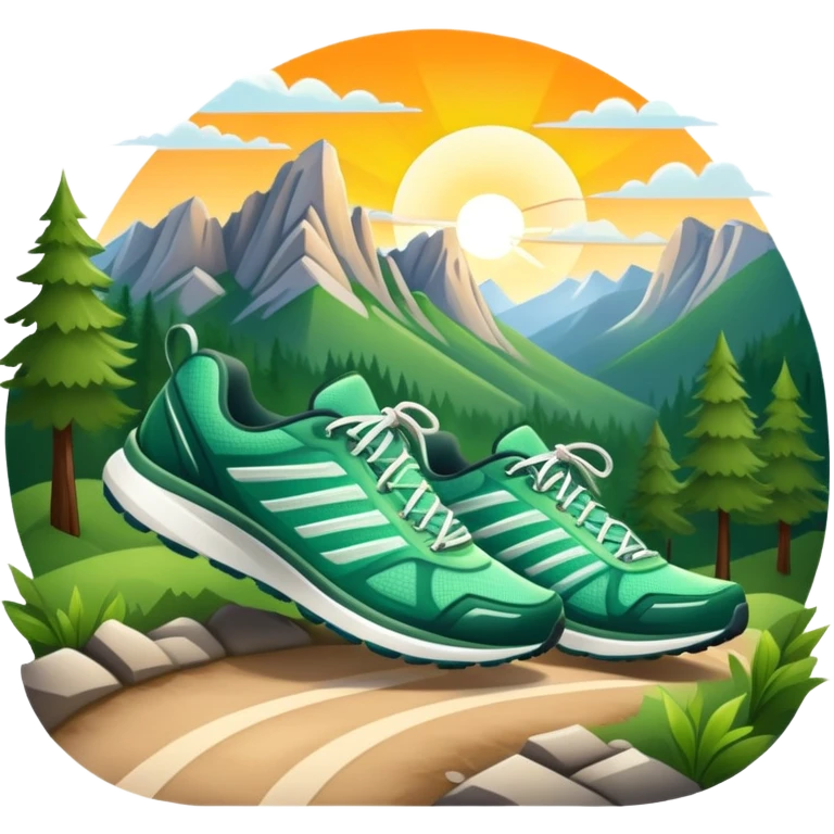 A dynamic icon featuring a pair of running shoes in motion on a scenic trail, surrounded by trees and mountains. The background shows a sunrise, symbolizing energy and passion for running. Transparent background enhances the focus on movement and the joy of outdoor jogging. emoji