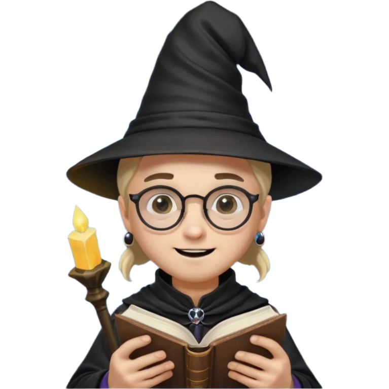 A happy boy with light skin, ponytail, wearing a wizard hat and square glasses, dressed in goth fashion, is reading a book while holding a phone. emoji