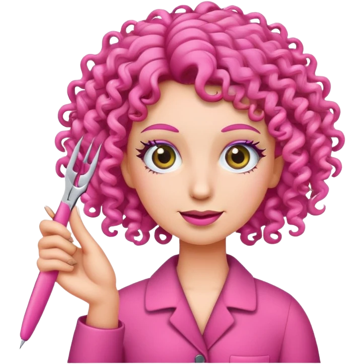 Create an emoji with pink curly hair holding lash tweezers with its hands  emoji