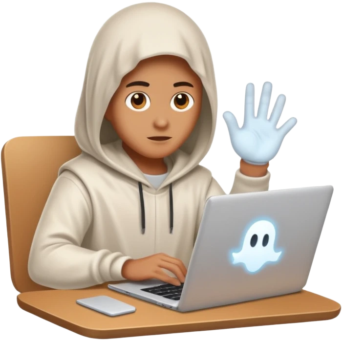 Create an emoji where an ungender person sits in front of the desk, designing ghost characters on laptop. Please refer to the attached image for ghost characters. emoji