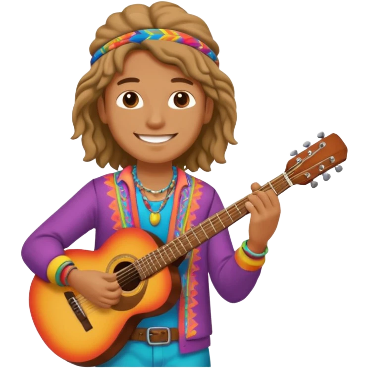 Smiling hippy playing guitar with colorful clothes.



























 emoji