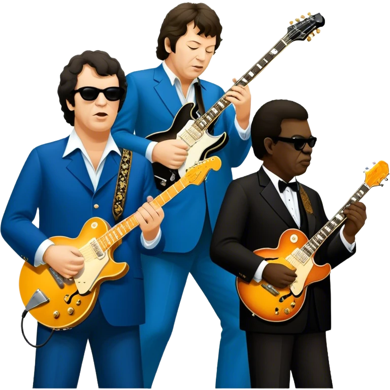 Icon for Blues Music: close-up collage of legendary blues artists. Gary Moore, Eric Clapton, B.B. King and Joe Cocker. Represented by silhouettes or symbolic items like guitars, microphones, or music notes, reflecting the soulful energy of blues music. Transparent background. emoji