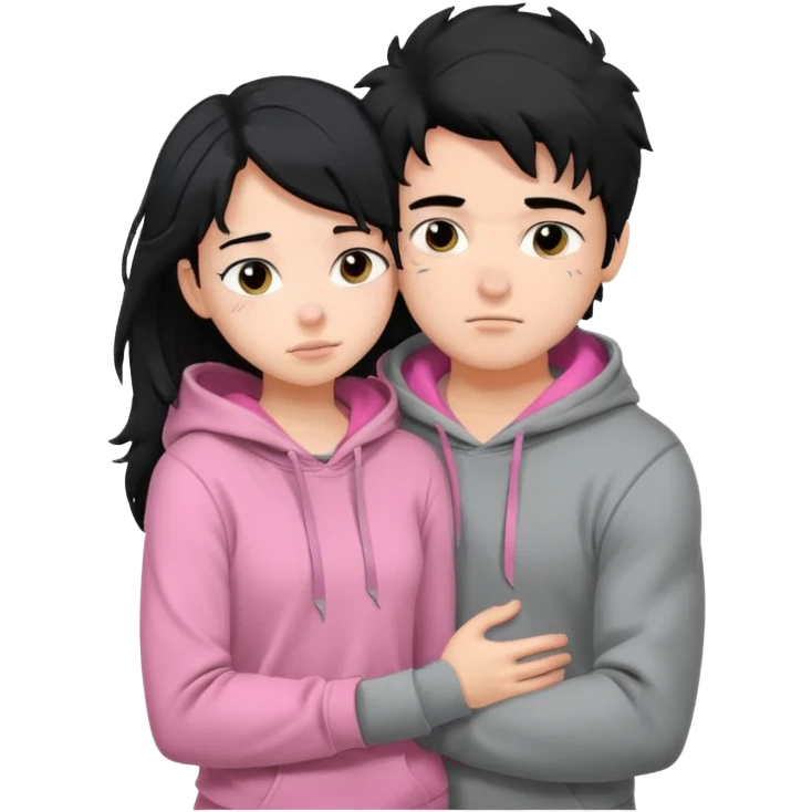 generate a pretty bratz fair skinned boy with messy black hair in a grey hoodie. Hugging his girlfriend who is wearing pink. Make him muscled. Boy in grey hoodie, girl in pink emoji