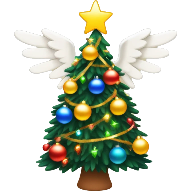 Warm toned Christmas tree with primary coloured Christmas lights around the tree, tinsel around the tree, and an angel on top of the tree emoji