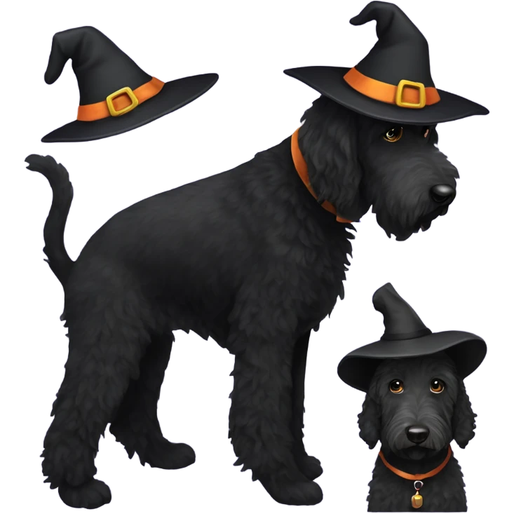 Black labradoodle wearing a witch hat  emoji