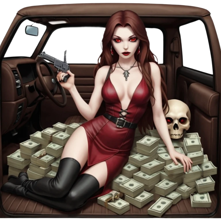 Lilith red eye seductress evil long brown haired sexy succubus woman with leather long dress with slit on, sitting in Big Large F350 pickup truck. Back seat full of stacks of cash, she is  Holding a human skull of her enemies and a gun in other hand emoji
